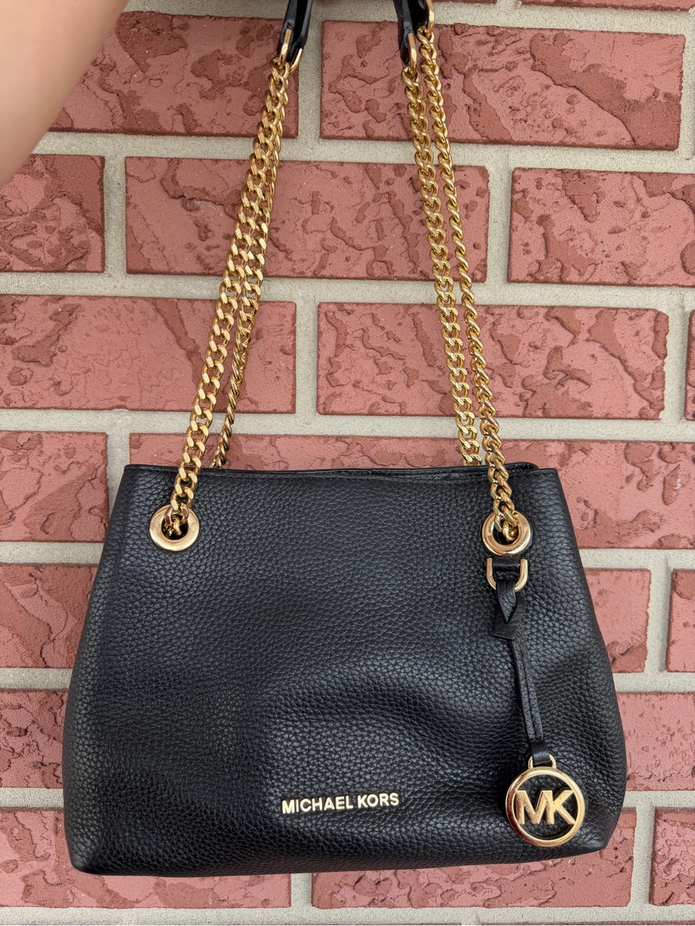 Michael Kors Black Pebbled Leather Shoulder Bag with Gold Chain